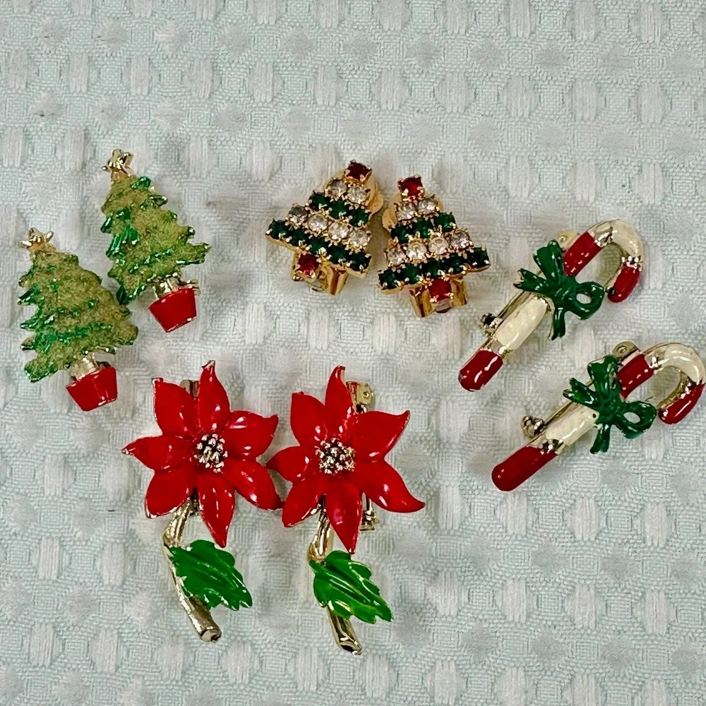 Christmas Holiday Brooch Pin Set Poinsettia Candy Cane Tree‎ Rhinestone Festive